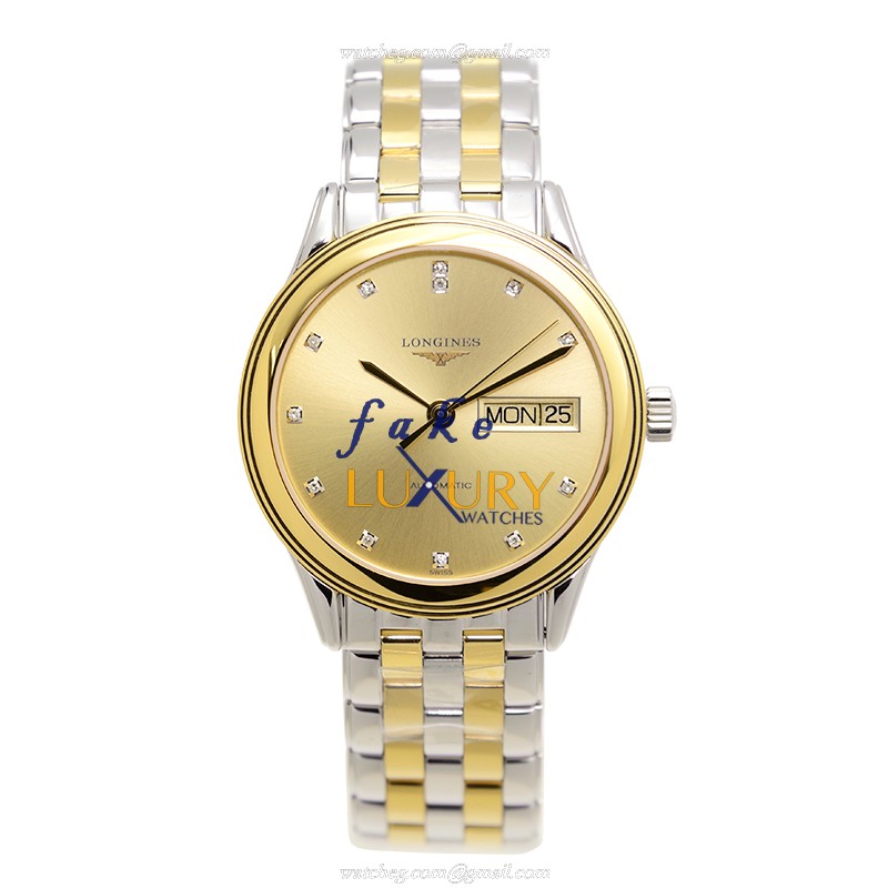 Longines L4.799.3.37.7 FLAGSHIP Automatic 18kt Gold & Steel Replica Watch - 36mm Gold Dial, Silver - Image 2