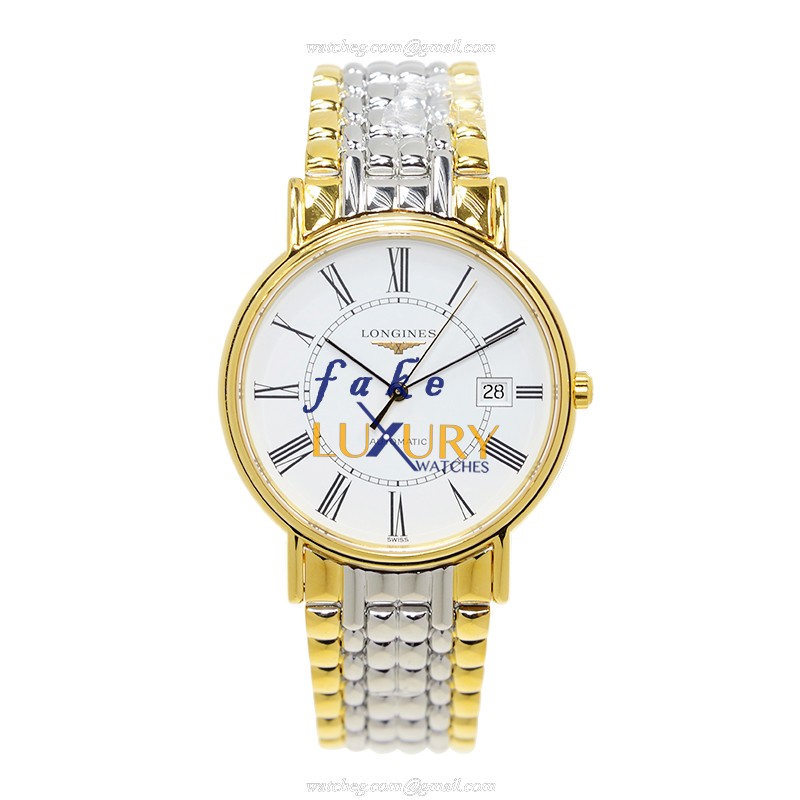 Longines L4.921.2.11.7 PRESENCE Auto 18kt Gold/Steel Watch - Swiss Clone - White Dial, Silver Band - Image 2