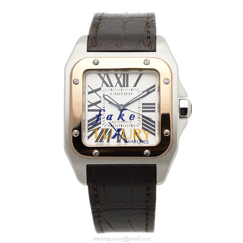 Cartier W20107X7 Santos Automatic 18kt Rose Gold Replica Watch, White Dial, Dark Brown Alligator - Image 2