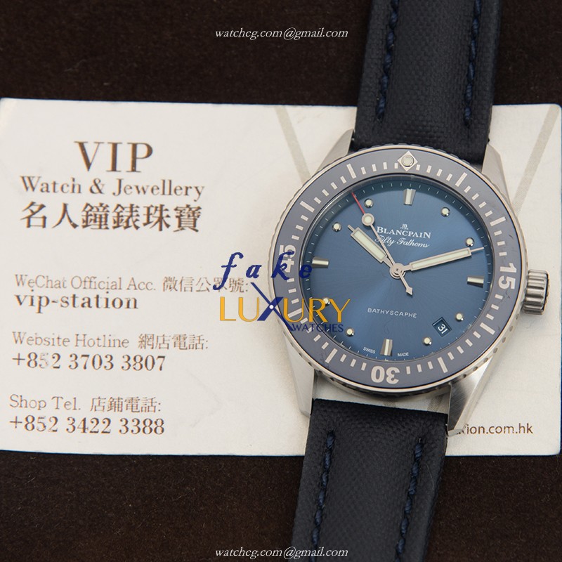 Blancpain 5100-1140-O52A Fifty Fathoms Replica Watch, Automatic, Blue Dial, Steel Case, Leather - Image 5