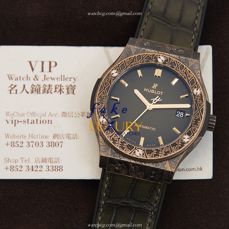 Hublot 511.BZ.6680.LR.OPX17 Automatic Bronze Green Dial Alligator Strap Replica Watch - Image 5