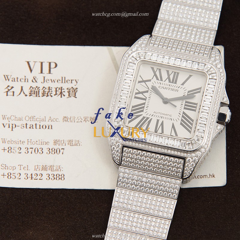 Cartier W20073X8-100XL SANTOS Automatic 18kt White Gold Diamond Silver Replica Watch - Image 5