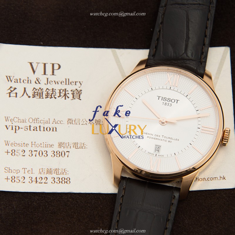 Tissot T-CLASSIC T099.407.36.038.00 Automatic 18kt Rose Gold Silver Dial Brown Leather Replica Watch - Image 5