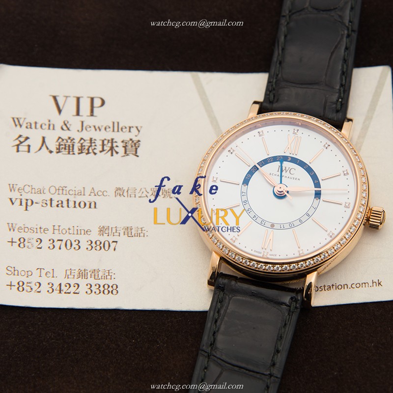 IWC IW459102 Portofino Replica Watch, White Dial, 18kt Rose Gold & Diamond Case, Black Alligator - Image 5