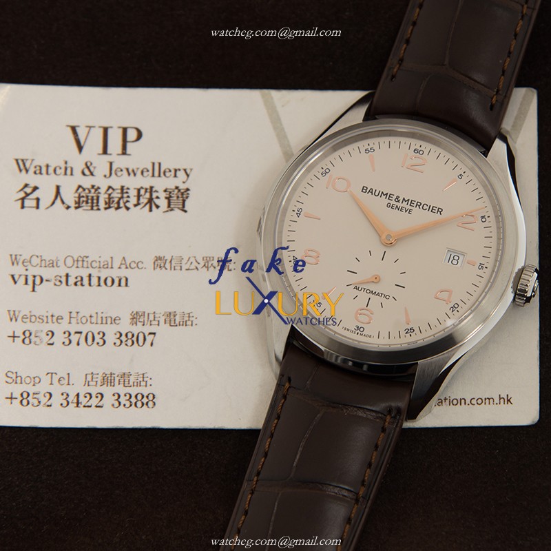 Baume & Mercier M0A10054 CLIFTON Replica Watch - Automatic - 41mm Silver Dial - Steel Case - Brown - Image 5