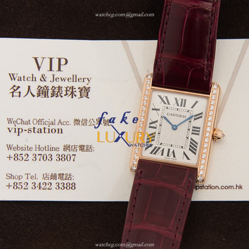 WJTA0014 - Cartier TANK Replica Watch Manual Wind Rose Gold Diamond White Dial Red Strap - Image 5