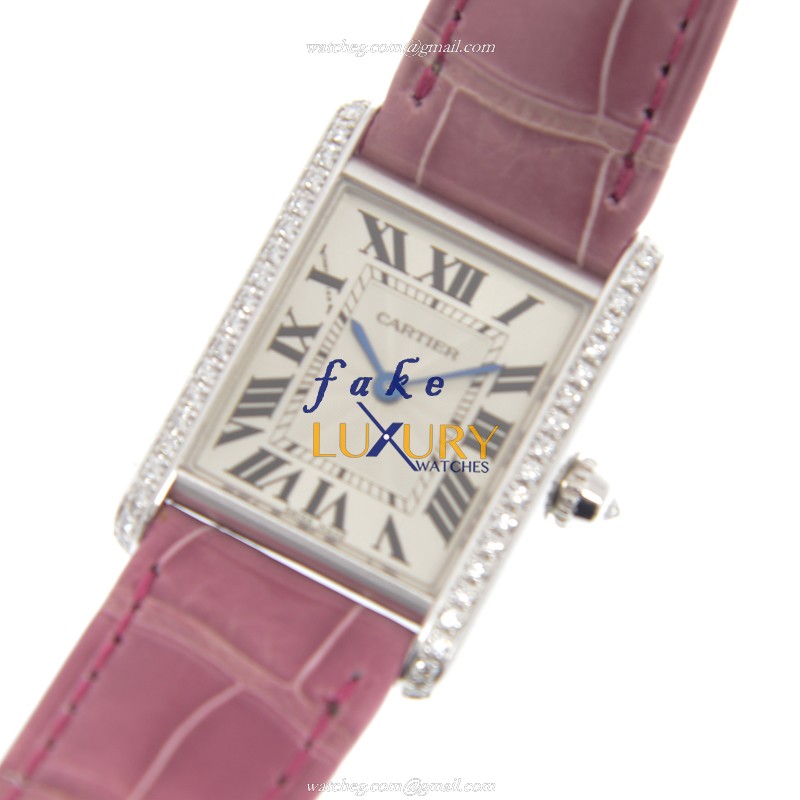 WJTA0011 - Cartier TANK Replica Watch Manual Wind 18kt White Gold Diamond Silver Dial Red Strap - Image 2
