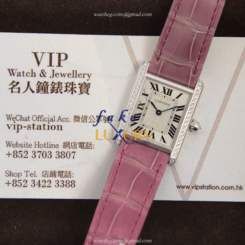 WJTA0011 - Cartier TANK Replica Watch Manual Wind 18kt White Gold Diamond Silver Dial Red Strap - Image 4