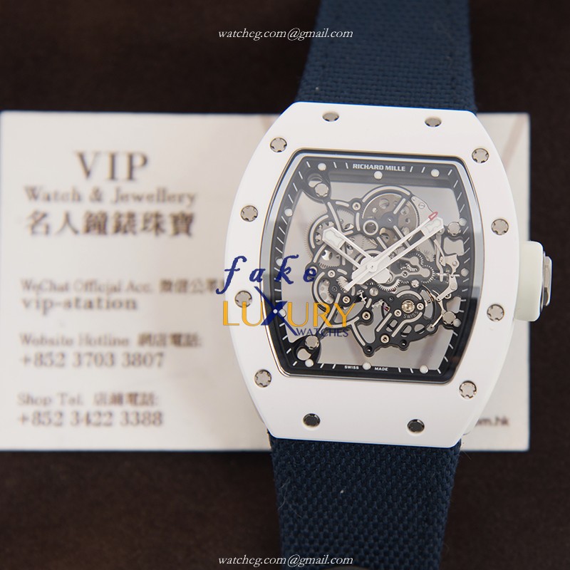 RM055 - Richard Mille RM055 Replica Watch Manual Wind Ceramic Transparent Skull Dial Blue Canvas - Image 5