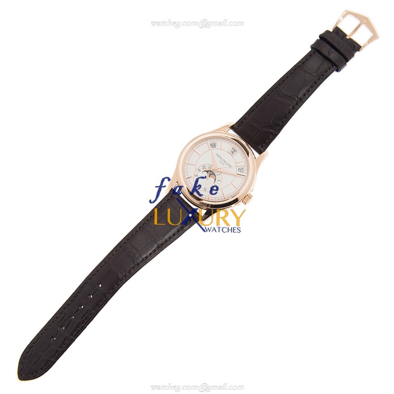 Patek Philippe 5205R-001 Replica Watch, Automatic, White Dial, 18kt Rose Gold Case, Brown Alligator - Image 2