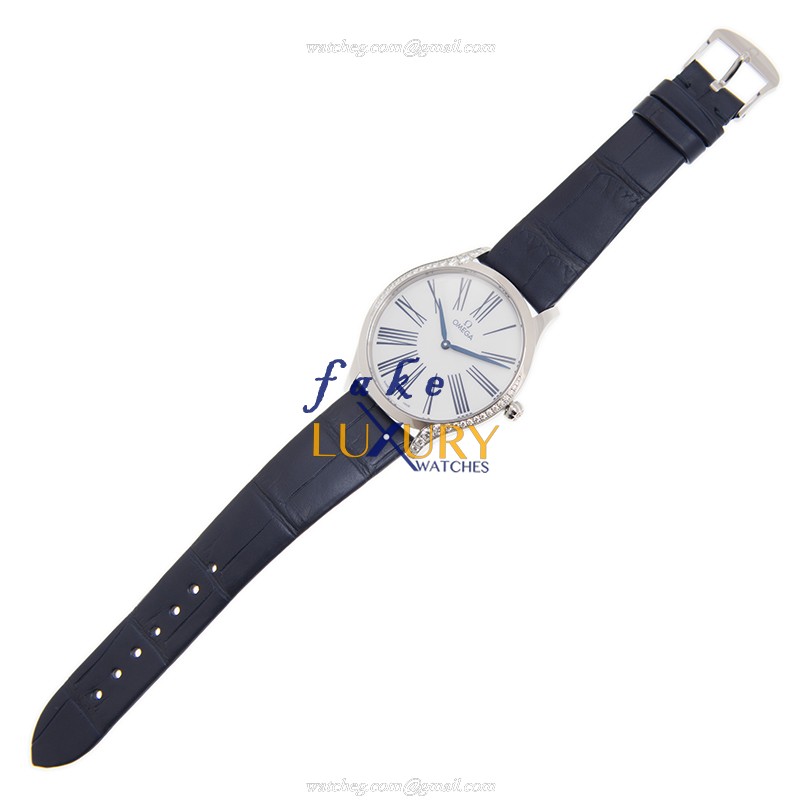 Omega 428.18.39.60.04.001 DE VILLE Quartz Stainless Steel Replica Watch - White Dial, Blue Leather - Image 2