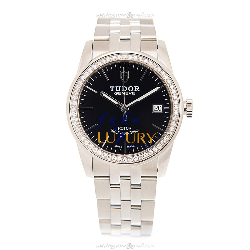 Tudor 55020-D-68050-BK GLAMOUR DATE Automatic Stainless Steel & Diamond Replica Watch, Black Dial - Image 2