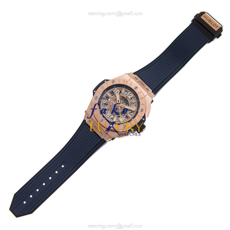 Hublot 471.OX.7128.RX Automatic 18kt Rose Gold BIG BANG Replica Watch - 45mm Gold Dial Blue Rubber - Image 2