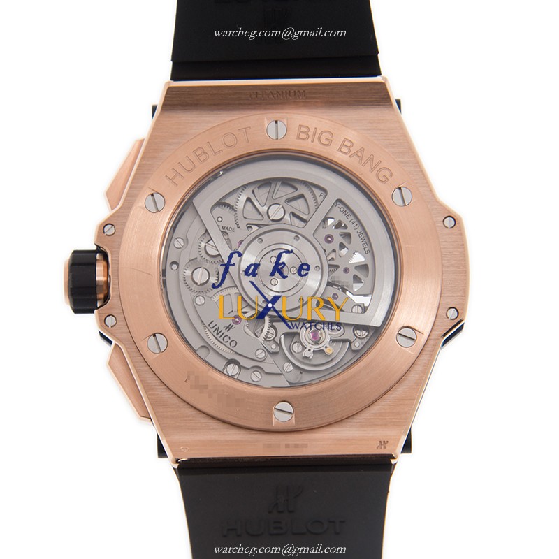 Hublot 471.OX.7128.RX Automatic 18kt Rose Gold BIG BANG Replica Watch - 45mm Gold Dial Blue Rubber - Image 3