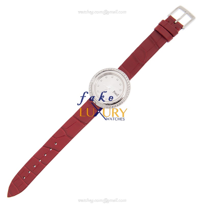 Piaget POSSESSION G0A43094 Quartz 34mm 18kt White Gold Diamond Silver Dial Red Alligator Replica - Image 2