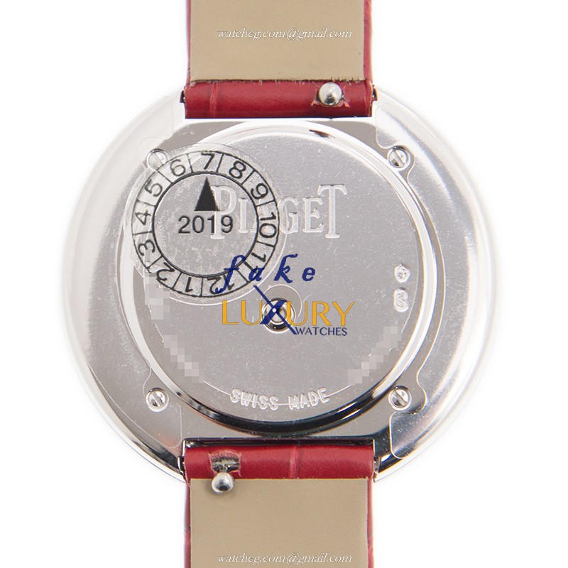 Piaget POSSESSION G0A43094 Quartz 34mm 18kt White Gold Diamond Silver Dial Red Alligator Replica - Image 3