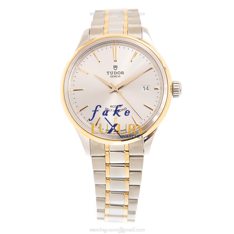 -12503-65053-SV - Tudor STYLE Automatic 18kt Gold & Steel Replica Watch - Silver Dial - Image 2