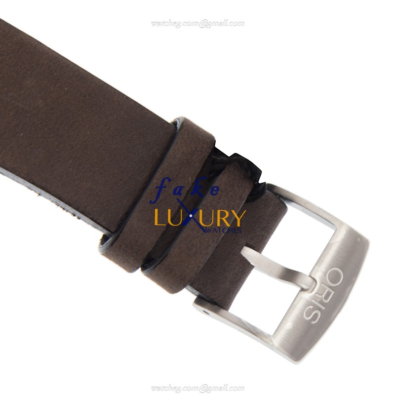 Oris 01 733 7707 4354-07 5 20 55 Replica Watch, Black Dial, Steel Case, Brown Leather Strap - Image 4