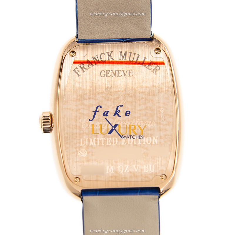 Franck Muller 3002 M QZ V BU 5N Galet Quartz 34mm 18kt Rose Gold Silver Dial Blue Leather Replica - Image 3