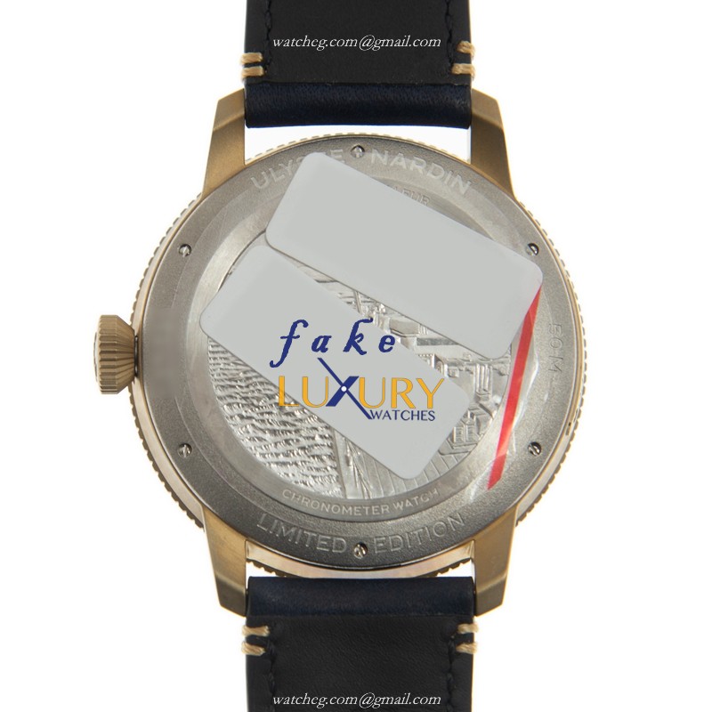 Ulysse Nardin 1187-320LE/63 MARINE Replica Watch, Automatic, Bronze Case, Black Dial, Blue Cowhide - Image 3