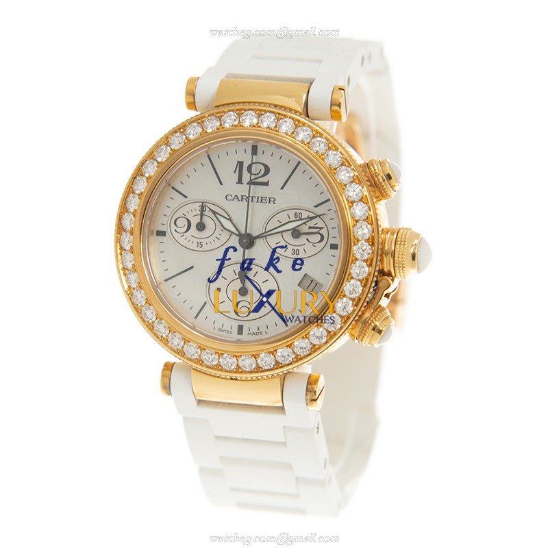 Cartier WJ130009 Pasha De Cartier Replica Watch, Quartz Movement, 18kt Gold & Diamond Case, White - Image 3