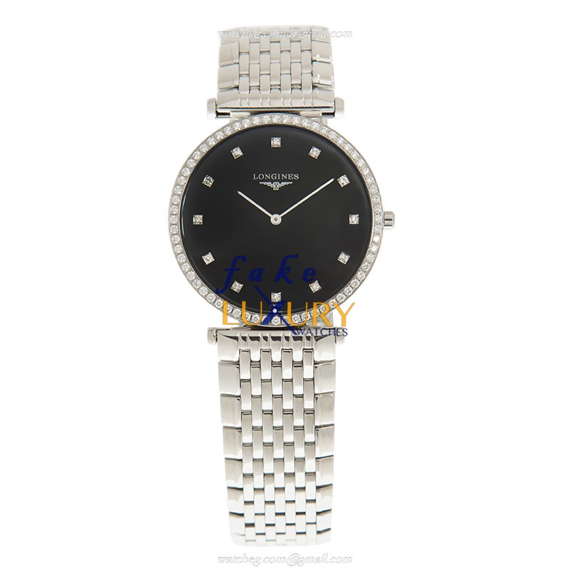 Longines L4.741.0.58.2 La Grande Quartz Replica Watch, Black Dial, Steel & Diamonds - Image 2