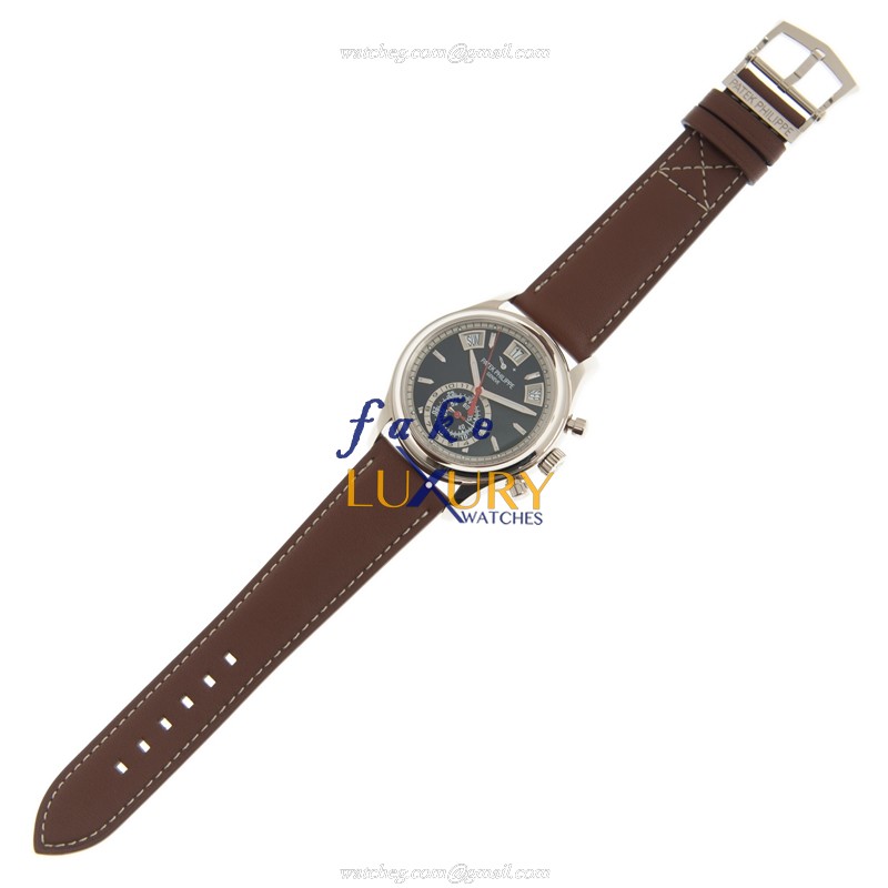Patek Philippe 5960-01G-001 Replica Watch, Automatic, Blue Dial, 18kt White Gold Case, Brown Strap - Image 2