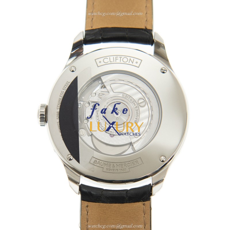 Baume & Mercier M0A10055 Clifton Replica Watch, Silver Dial, Steel Case, Alligator Strap - Image 3