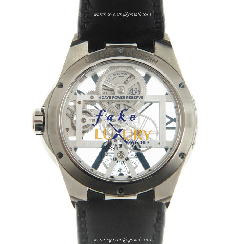 Ulysse Nardin 3713-260/03 Skeleton X Replica Watch, Manual Wind Titanium, Blue Leather Strap - Image 3
