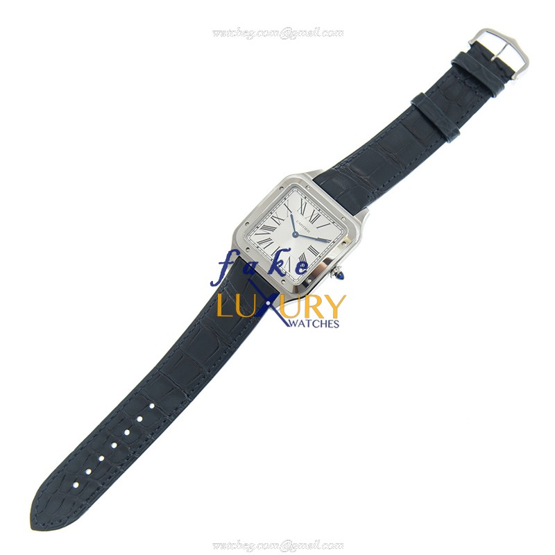Cartier WSSA0032 SANTOS Manual Wind Steel Replica Watch, Silver Dial, Blue Alligator Strap - Image 2