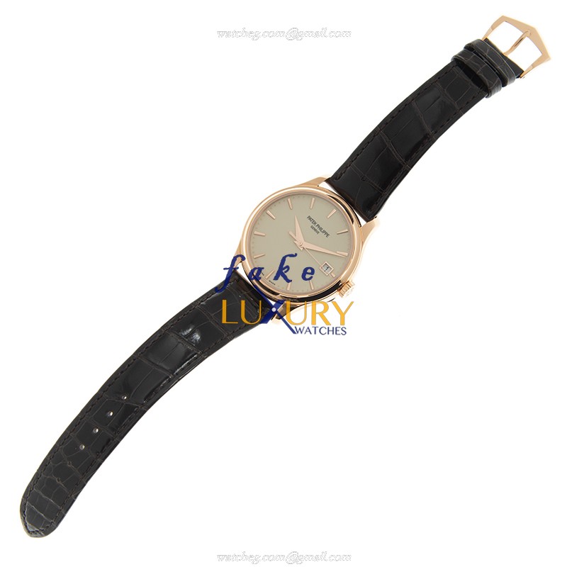 Patek Philippe 5227R-001 Calatrava Replica Watch, Beige Dial, Rose Gold Case, Brown Alligator Strap - Image 2