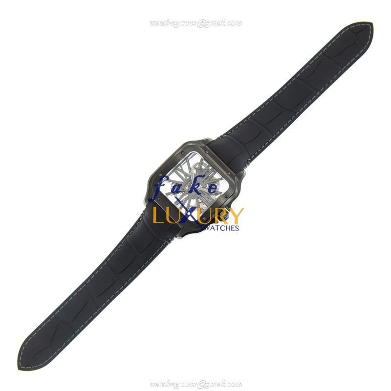 Cartier WHSA0009 Santos Manual Wind Stainless Steel Transparent Dial Leather Strap Replica Watch - Image 2