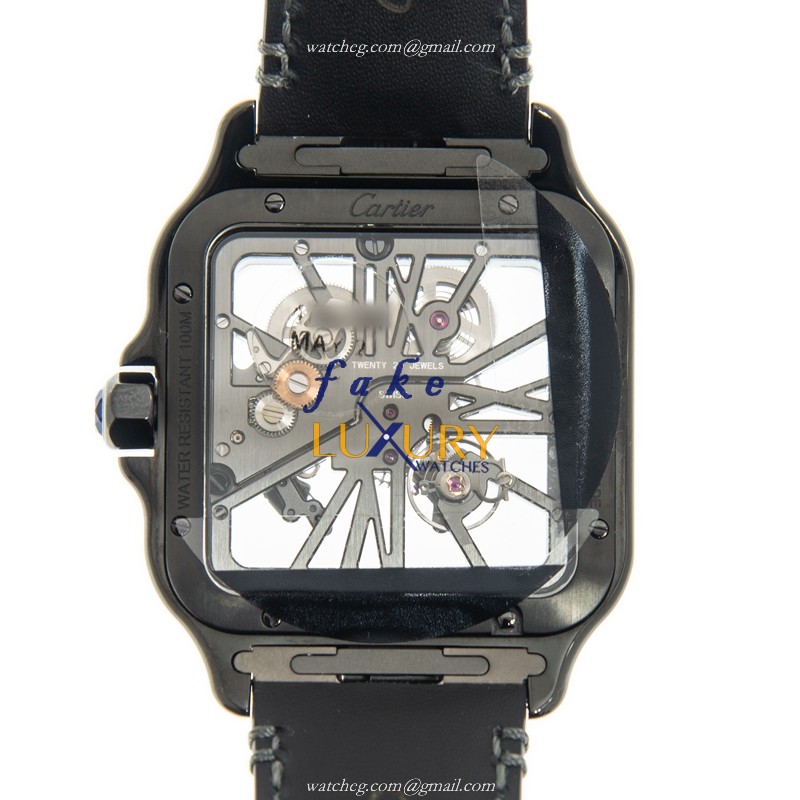 Cartier WHSA0009 Santos Manual Wind Stainless Steel Transparent Dial Leather Strap Replica Watch - Image 3
