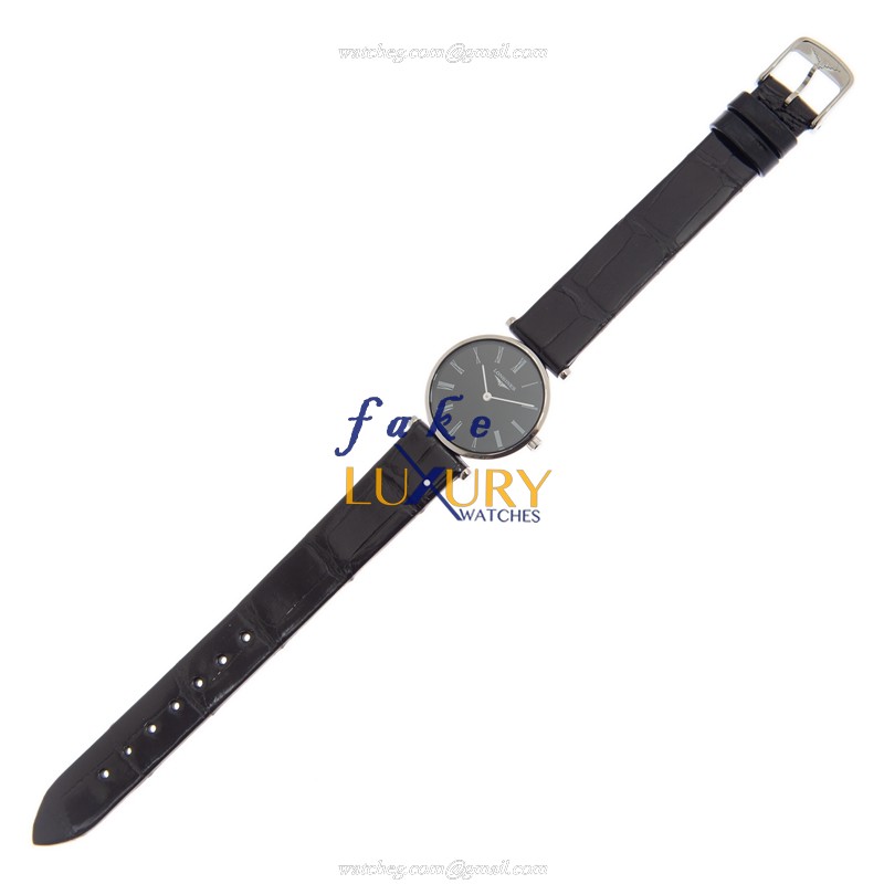 Longines La Grande Quartz L4.209.4.51.2 Stainless Steel Black Dial Alligator Strap Replica Watch - Image 2