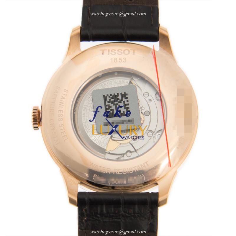 Tissot T-CLASSIC T099.407.36.038.00 Automatic 18kt Rose Gold Silver Dial Brown Leather Replica Watch - Image 3