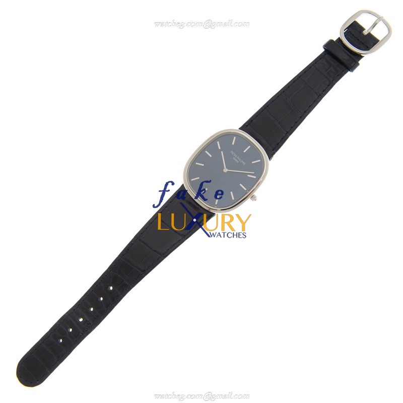 Patek Philippe Golden Ellipse 5738P-001 Automatic Platinum Blue Dial Leather Replica Watch - Image 2