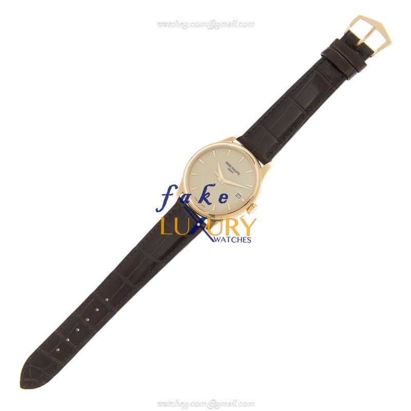 Patek Philippe 5227J-001 Calatrava Replica Watch Automatic 18kt Yellow Gold Beige Dial Alligator - Image 2