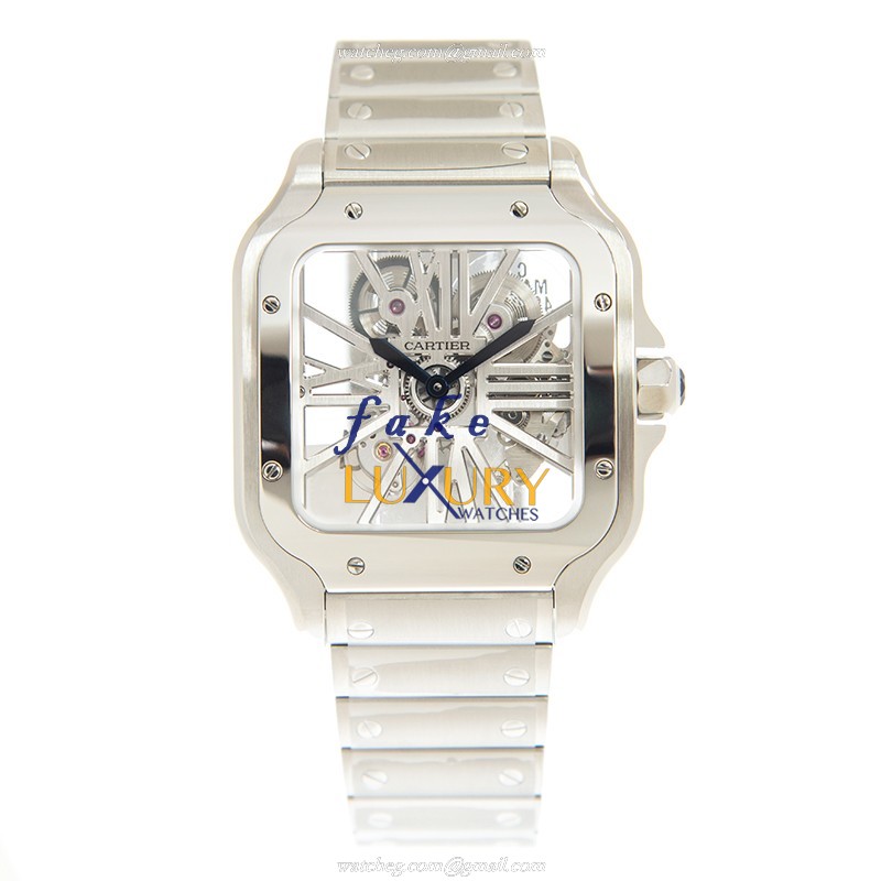 Cartier WHSA0015 SANTOS Manual Wind Replica Watch - Stainless Steel Case, Transparent Dial, Silver - Image 2
