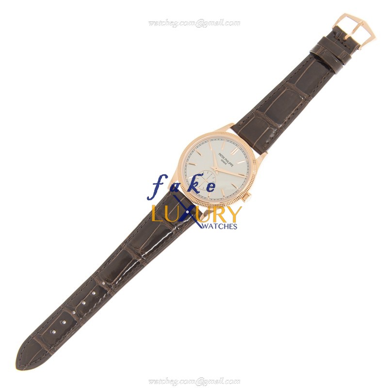 Patek Philippe 6119R-001 Calatrava Replica Watch, Manual Wind, 18kt Rose Gold, White Dial, Brown - Image 2
