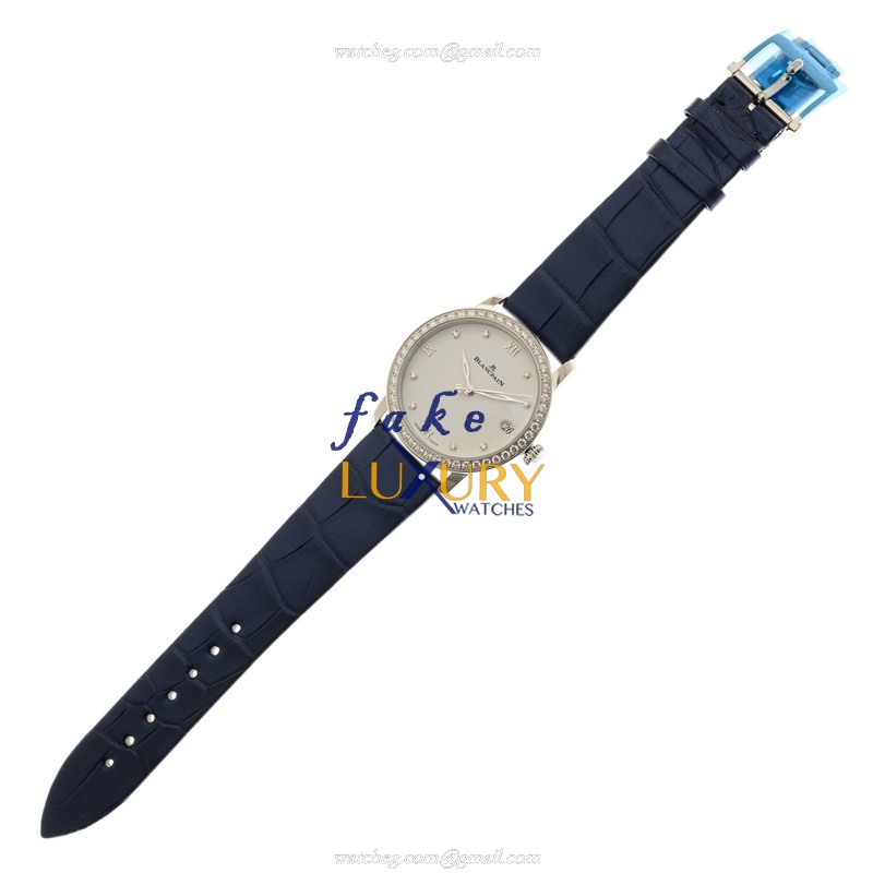 Blancpain 6127-4628-55B Villeret Replica Watch, White Dial, Steel & Diamond Case, Blue Alligator - Image 2