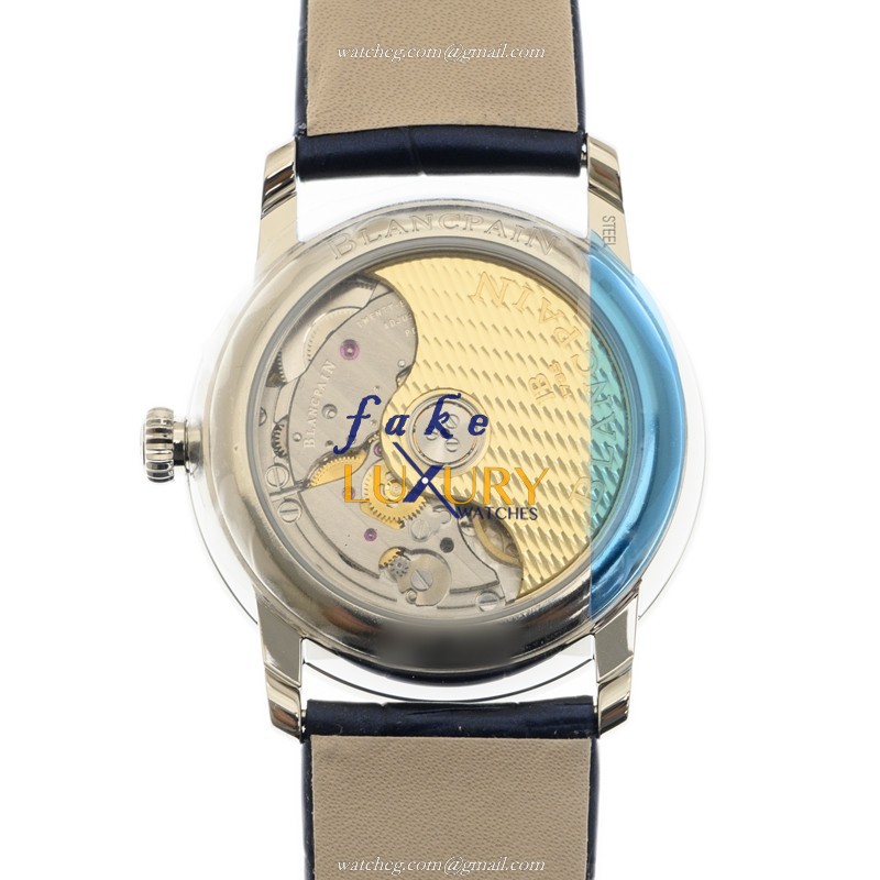 Blancpain 6127-4628-55B Villeret Replica Watch, White Dial, Steel & Diamond Case, Blue Alligator - Image 3