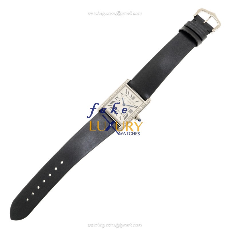 Cartier W4TA0017 TANK Quartz Stainless Steel Silver Dial Black Cowhide Strap Replica Watch - Image 2
