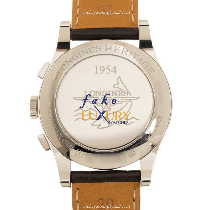 Longines Heritage L2.747.4.72.2 Replica Watch, Automatic, White Dial, Steel Case, Brown Alligator - Image 3