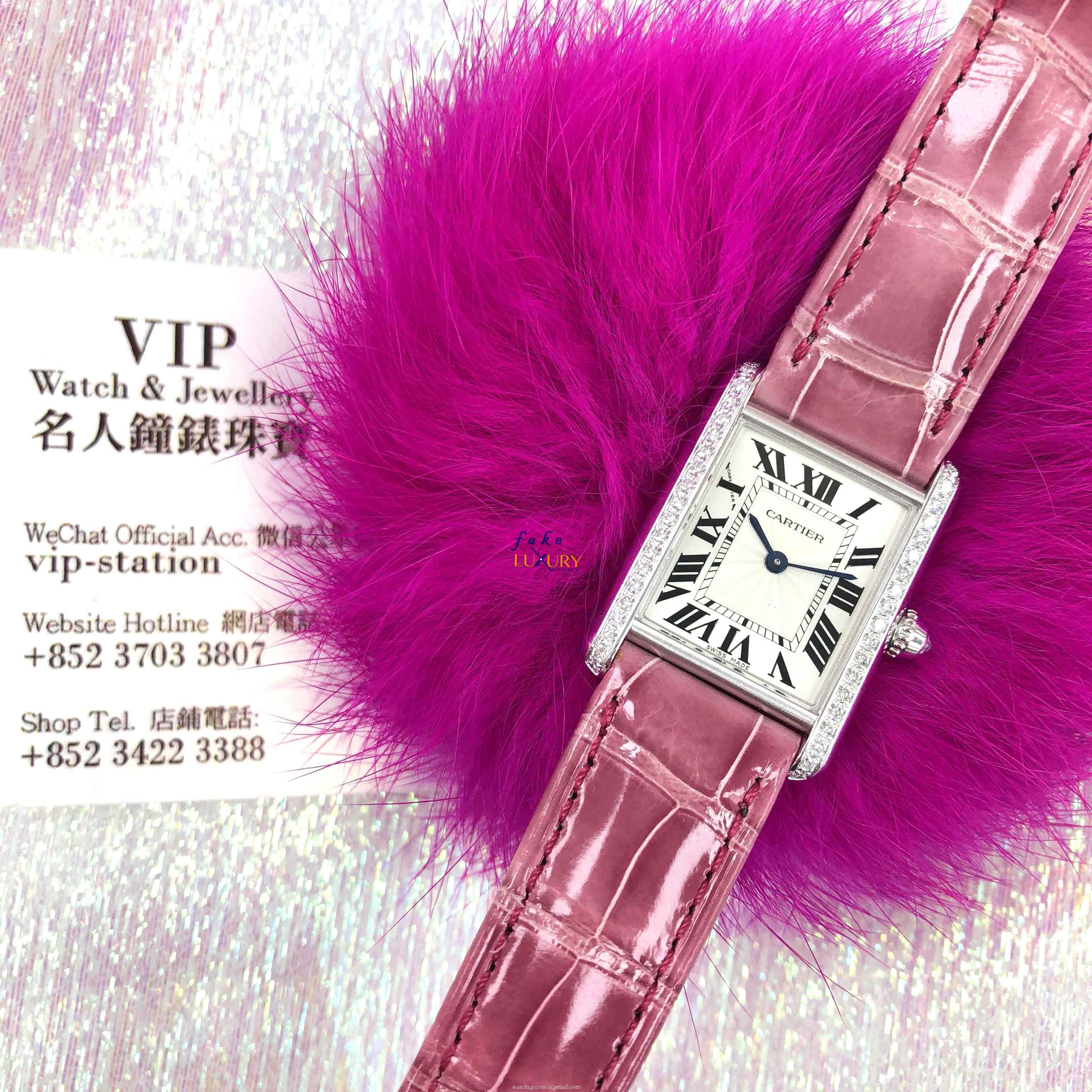 WJTA0011 - Cartier TANK Replica Watch Manual Wind 18kt White Gold Diamond Silver Dial Red Strap - Image 5