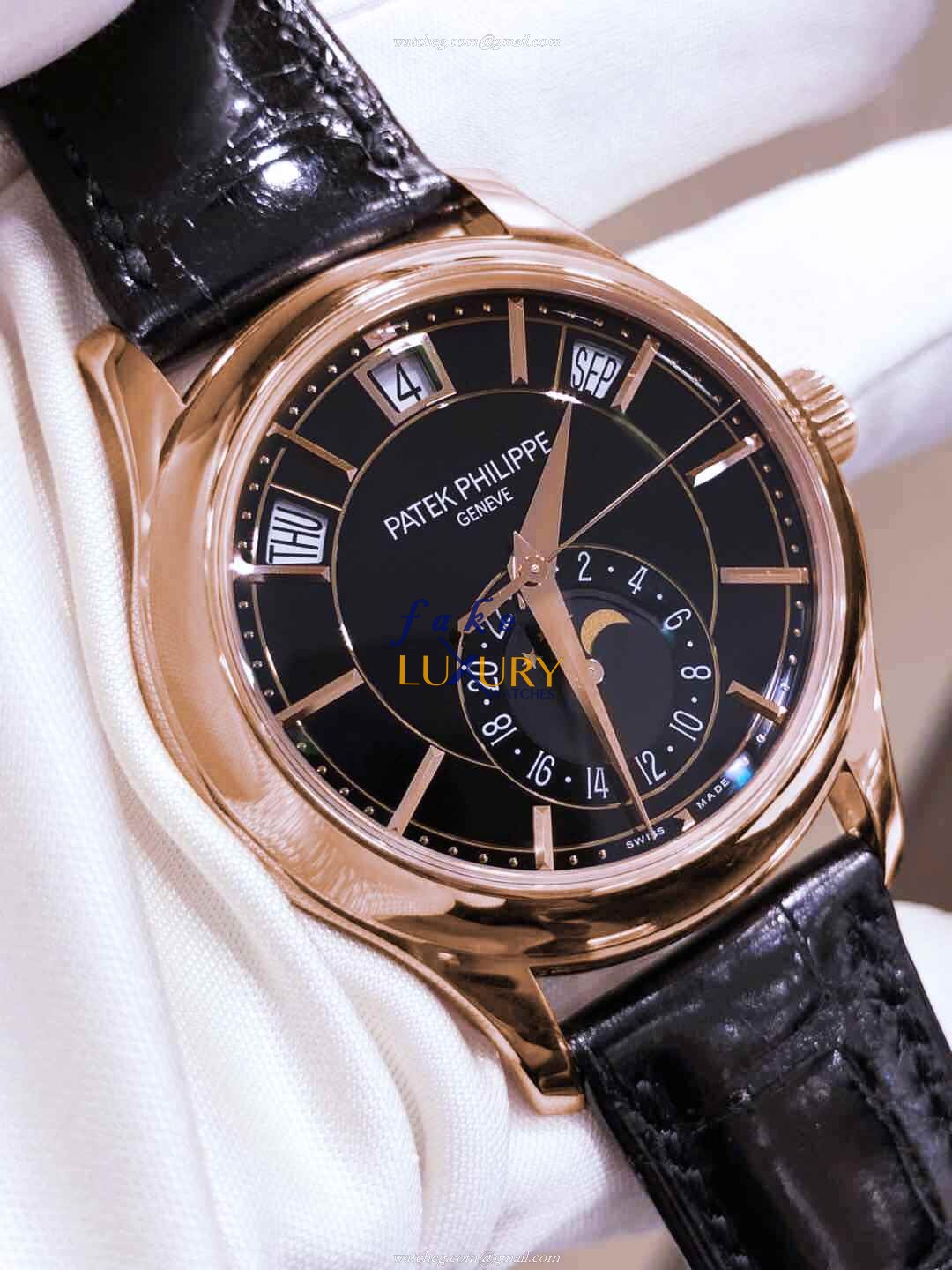 Patek Philippe 5205R-010 Replica Watch - Automatic - 18kt Rose Gold - Black Dial - Alligator Strap - Image 5