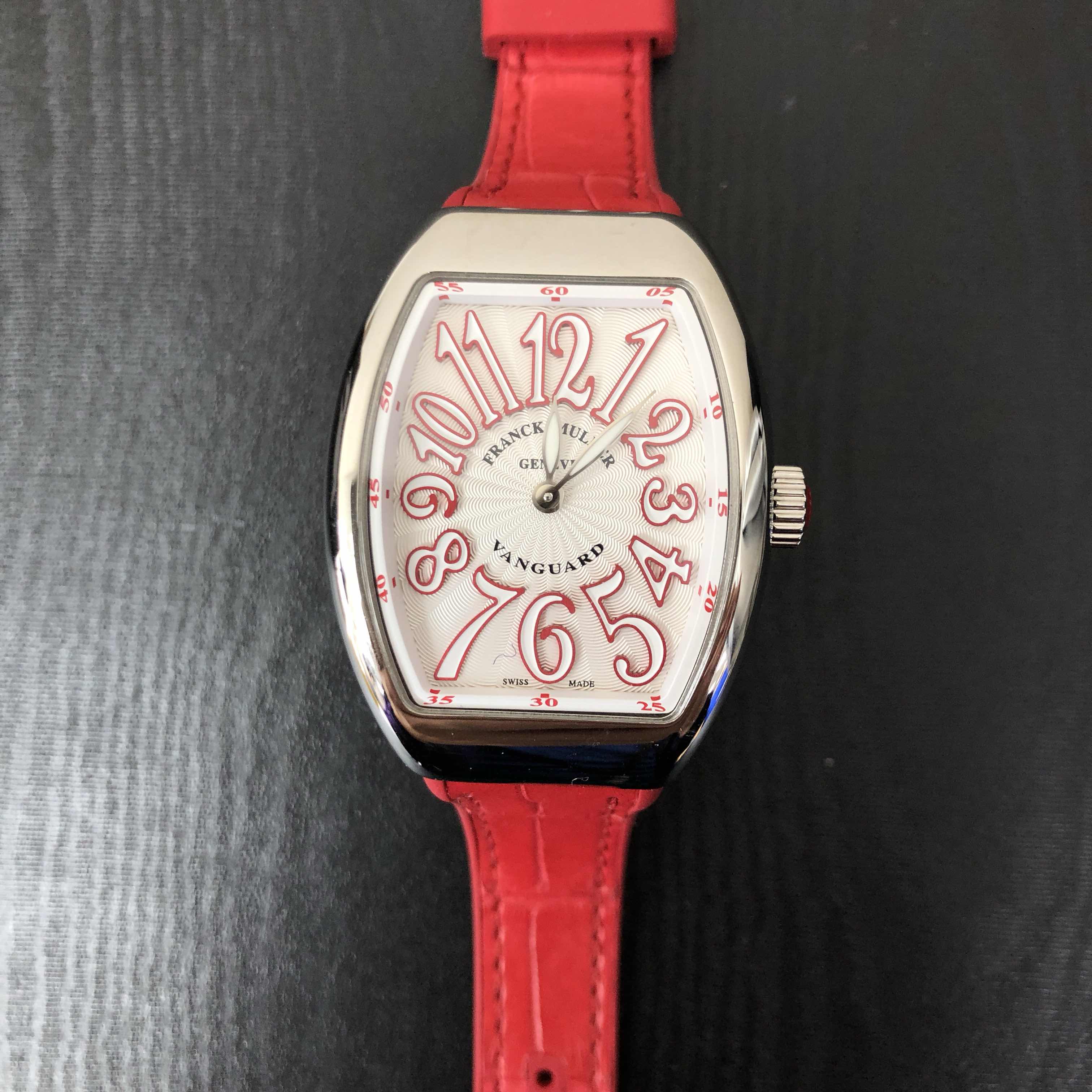 Franck Muller V 32 QZ AC.RG WHITE Replica Watch, Quartz, White Dial, Steel Case, Red Leather Strap - Image 5
