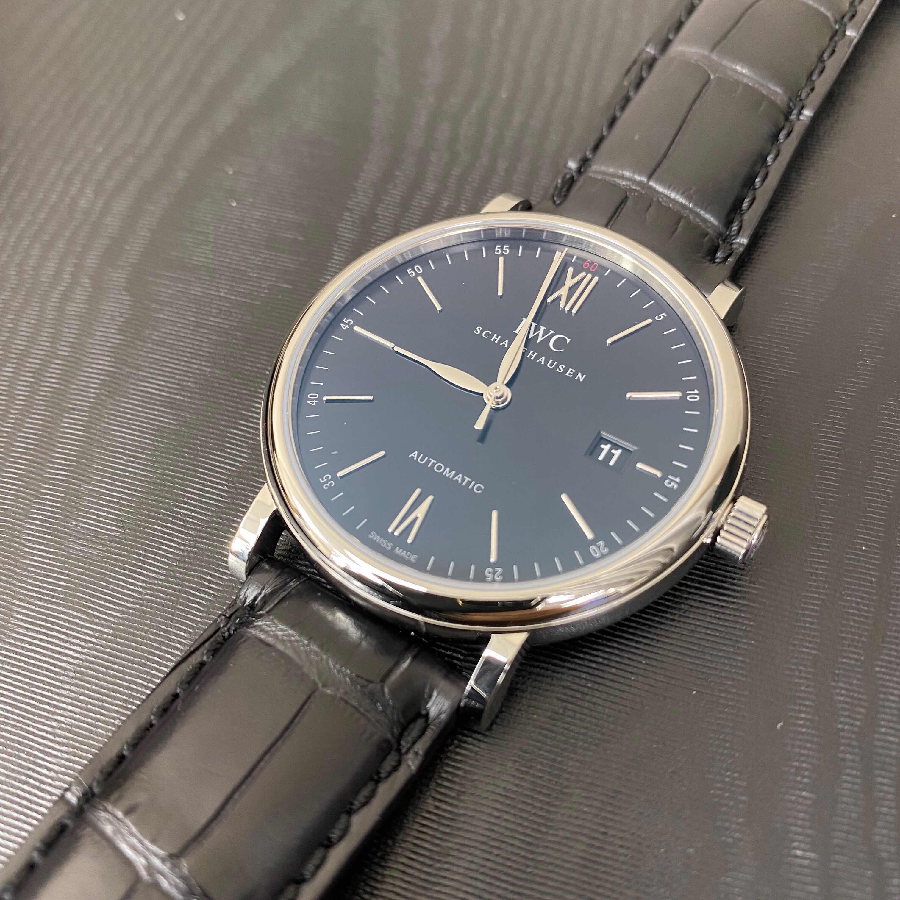 IWC IW356502 Portofino Replica Watch, Black Dial, Steel Case, Alligator Strap, Automatic - Image 5