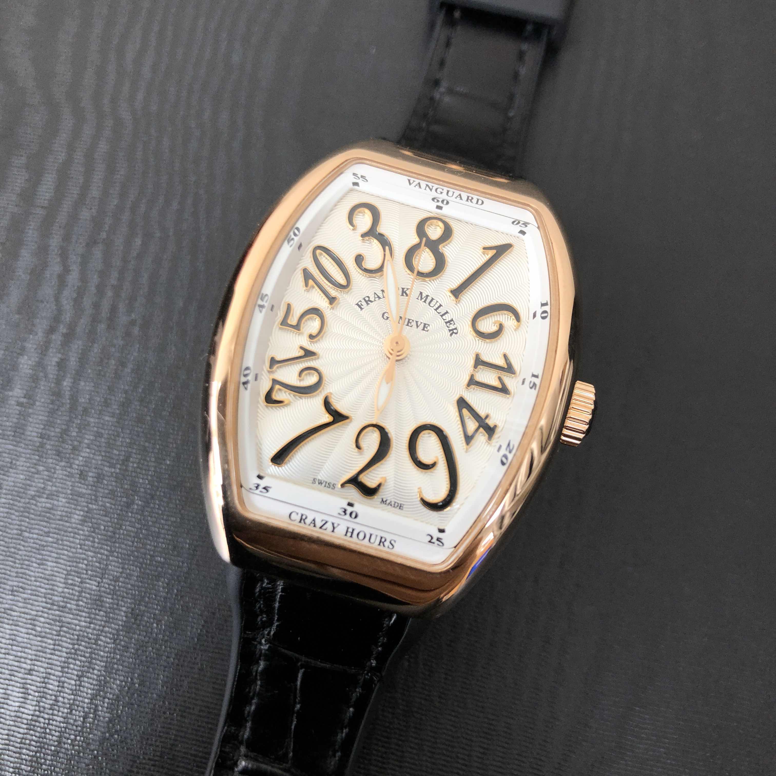 Franck Muller V 32 CH 5N.NR Crazy Hours Auto 18kt Rose Gold Replica Watch, White Dial, Leather Strap - Image 5