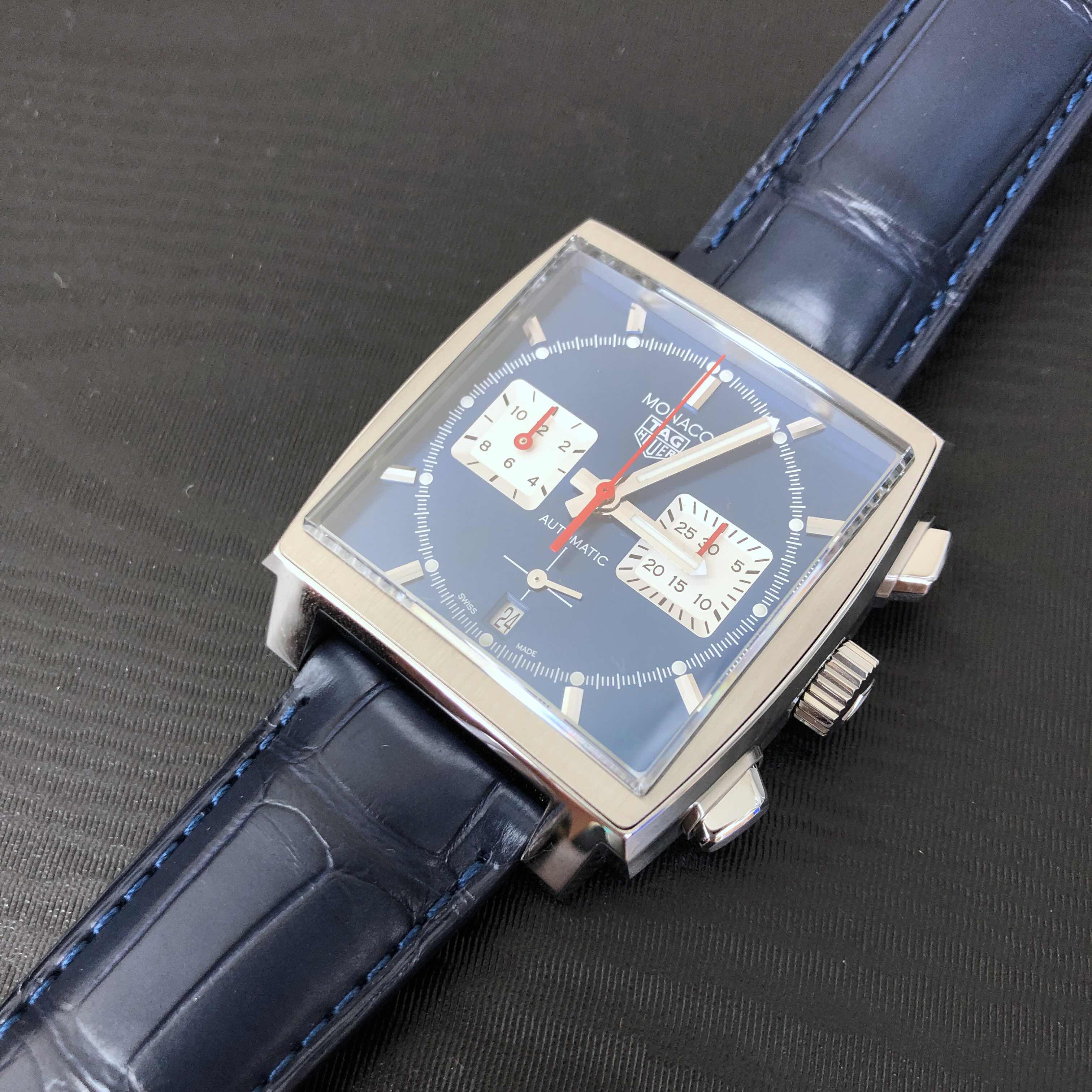 Tag Heuer CBL2111.FC6453 MANACO Replica Watch Automatic Blue Dial Steel Case Alligator Strap - Image 5