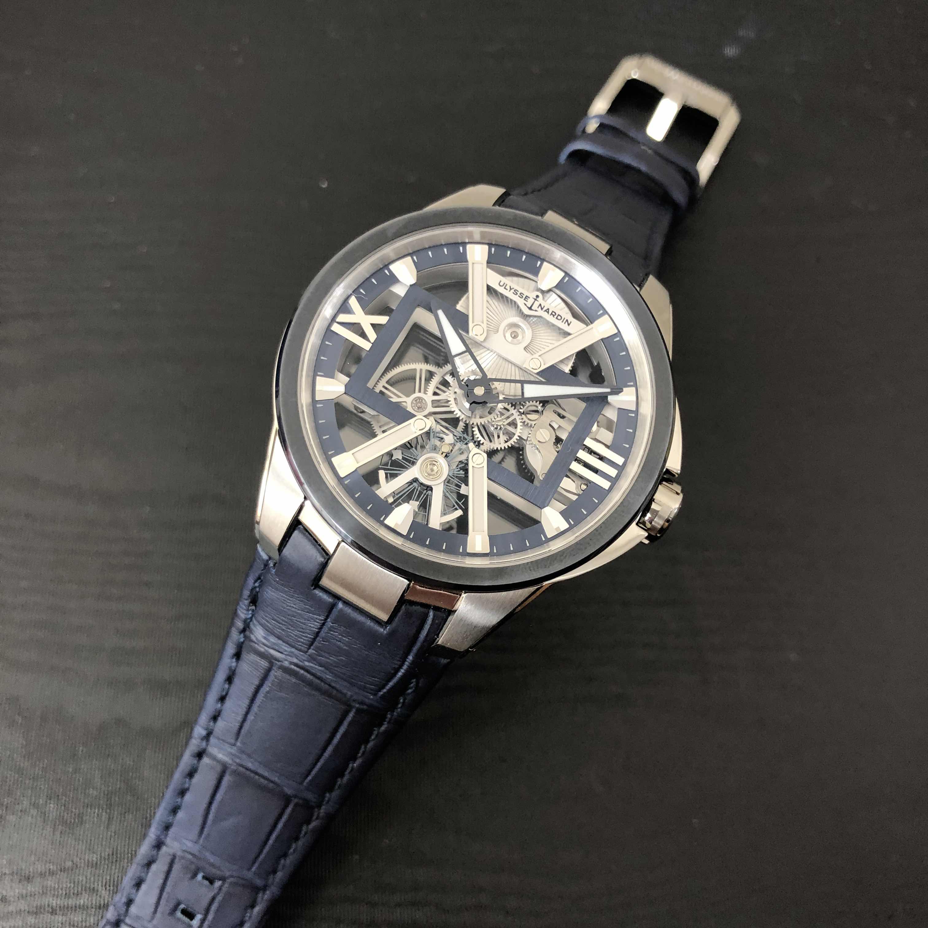 Ulysse Nardin 3713-260/03 Skeleton X Replica Watch, Manual Wind Titanium, Blue Leather Strap - Image 5